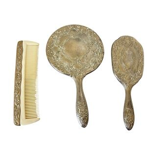 Vintage Silver-Plated Vanity Set - Mirror, Brush & Comb - Floral Scroll Pattern